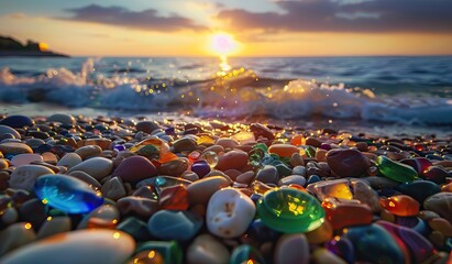 Colored sea glass with beach pebbles and shells in the mediterranean coast and in the background sea and waves with sunset and sky. AI generated illustration