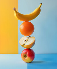 tasty and healthy fresh fruits balancing on each other, orange, apple and banana full of vitamins and antioxidants