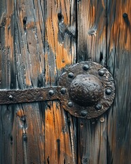 Close-up of an Antique Wooden Door with Metal Hinge