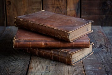 Vintage Leather Bound Books on a Wooden Table