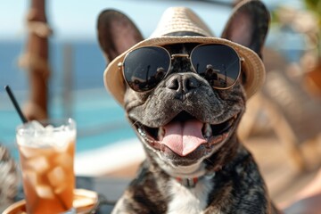 Cheerful French Bulldog Wearing Sunglasses and Straw Hat Relaxing by the Poolside on a Sunny Day. - obrazy, fototapety, plakaty