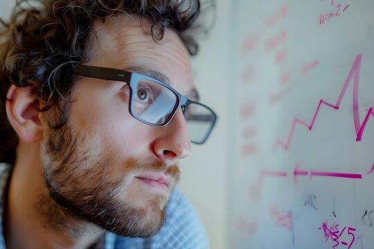 Statistician wearing glasses studying equations on a whiteboard. Concept Statistics, Data Analysis, Glasses, Equations, Whiteboard