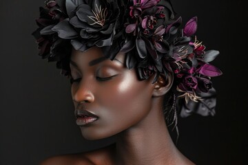 beautiful  diverse african female model with dark flowers wreath posing on black background for fashion photoshoot, beauty portrait