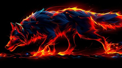 A picture of a wolf on fire on a black background. A magical creature made of fire. - 796994690