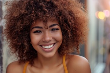 Radiant Young Woman Smiling in Urban Setting
