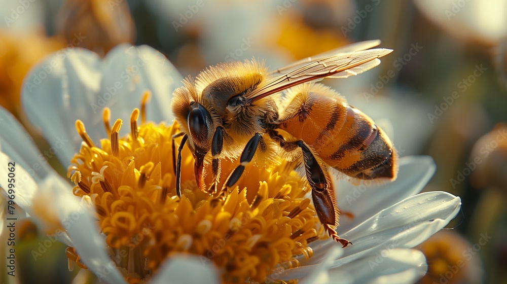 Poster Exquisite Detail: Bee Pollinating Flower, generative ai