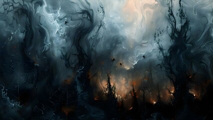 Dark and Grungy Gothic Background with Spooky Smoke, Spiders, and Horror Elements. Concept Gothic Background, Spooky Smoke, Spiders, Horror Elements, Dark and Grungy
