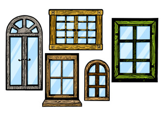 House wooden old windows color sketch engraving PNG illustration. Scratch board style imitation. Black and white hand drawn image.