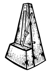 Metronome tool engraving PNG illustration. Scratch board style imitation. Black and white hand drawn image.