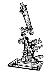 Old Microscope sketch engraving PNG illustration. Scratch board style imitation. Hand drawn image.