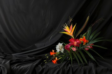 floral arrangement with exotic pink flowers on black folded fabric background with copy space