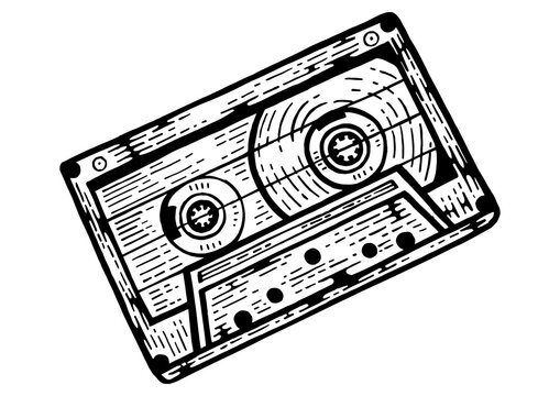 recommend clip art: Compact Audio Cassette tape sketch engraving PNG illustration. Scratch board style imitation. Black and white hand drawn image.