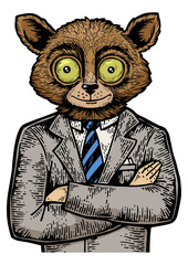 Tarsier head businessman color sketch engraving PNG illustration. Scratch board style imitation. Black and white hand drawn image.