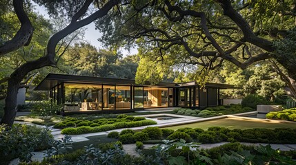 Obraz premium Nestled amidst a lush canopy of trees, the luxury single-story home exterior exudes elegance and tranquility, its pristine facade blending seamlessly with the verdant surroundings