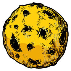 Planet with asteroid meteorite planet impact crater color sketch engraving PNG illustration. Scratch board style imitation. Black and white hand drawn image. © Oleksandr Pokusai