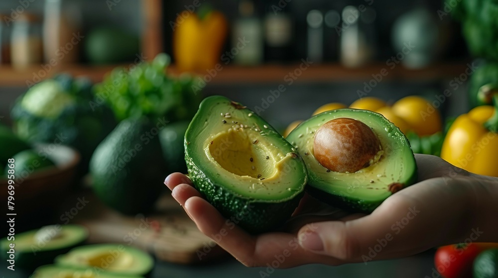 Sticker Vibrant Avocado Half on Kitchen Counter, generative ai