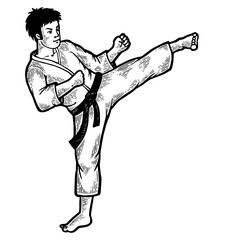 Karate athlete kick foot up on head area sketch engraving PNG illustration. Scratch board style imitation. Black and white hand drawn image.