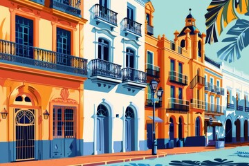 Naklejka premium Sevilla, capital of Andalusia, architecture travel postcard. Colorful buildings flat illustration. 