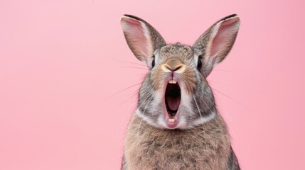 Cute surprised baby rabbit with pink background.