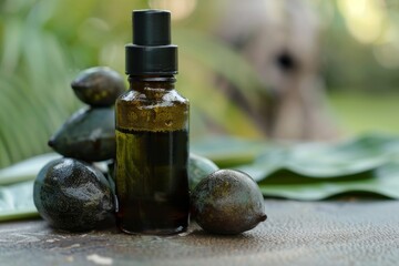 tamanu oil serum bottle near green plant and beautiful natural light