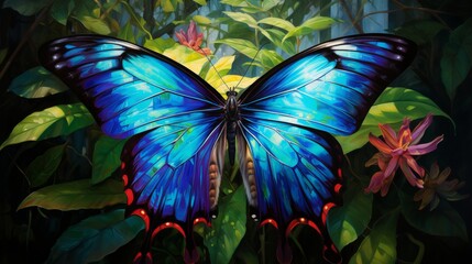 Vibrant blue morpho butterfly on tropical green leaves with a blooming flower