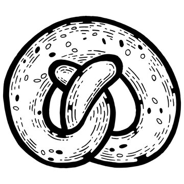 recommend clip art: Kringle pretzel pastry bakery product sketch engraving PNG illustration. Scratch board style imitation. Black and white hand drawn image.