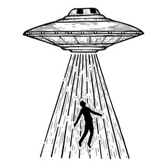 UFO Flying saucer kidnaps human person sketch line art engraving PNG illustration. Scratch board style imitation. Black and white hand drawn image. © Oleksandr Pokusai