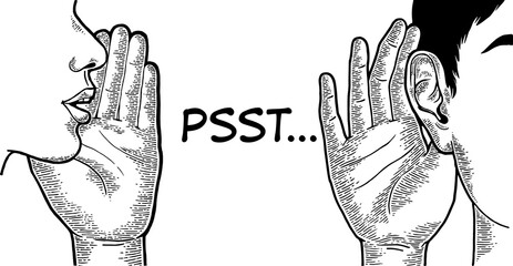 Whisper with hand near mouth to ear sketch line art engraving PNG illustration. Scratch board style imitation. Black and white hand drawn image. © Oleksandr Pokusai