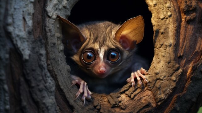 Curious bushbaby with enormous eyes peeking out of tree hollow at dusk