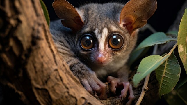 Curious bushbaby with enormous eyes peeking out of tree hollow at dusk