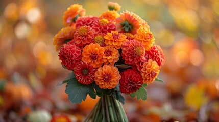 Seasonal Charm: Vibrant Bridal Bouquet with Marigolds and Leaves, generative ai