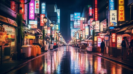 A vibrant, bustling Tokyo street at night, illuminated by neon signs and lanterns under a rainy sky.
