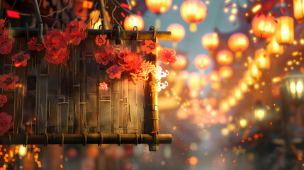 A bamboo sign with Spring Festival adornments and dragon hands holding it. against the backdrop of lantern-lit streets and glowing red envelopes on a vibrant Spring Festival night. 