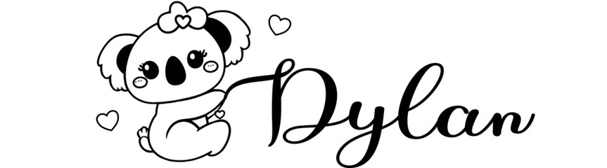 Dyylan - black color - name written - Word with Koala kawaii for websites, baby shower, greetings, banners, cards-shirt, sweatshirt, prints, cricut, silhouette, sublimation