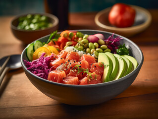 A colorful bowl of food with a variety of vegetables and fish. The bowl is filled with avocado, broccoli, carrots, and other vegetables. The dish is served with chopsticks and a spoon