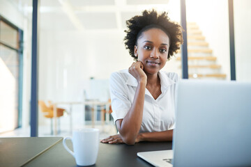 Portrait, laptop and black woman in office, smile and confidence for project, editor and corporate. Public relations, review and proofreading of articles, technology and online for company and web - Powered by Adobe
