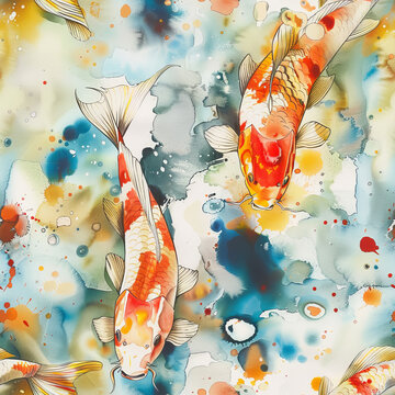 Seamless pattern of watercolor koi fish