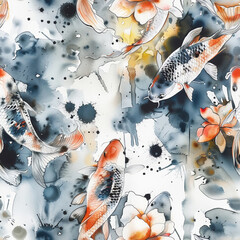 Seamless pattern of goldfish in pond, watercolor painting