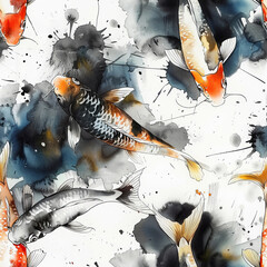 Seamless pattern of watercolor painting of goldfish 