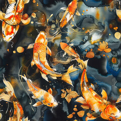 Seamless pattern of golden on black background Japanese goldfish swimming in pond, watercolor painting