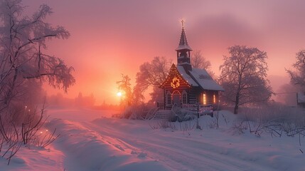 Cozy Wooden Chapel in Snowy Sunrise, generative ai