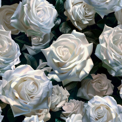 Seamless pattern of beautiful white blooming roses with blue undertone of cold light