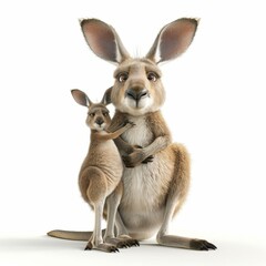 Kangaroo with cub. 3D rendering cute animal isolated over white background.