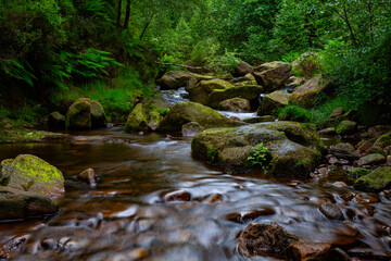 Naklejka na ściany i meble Water streaming over rocky cascades, Deep forest waterfall small waterfall with blurred water on the rocks in the peak district uk