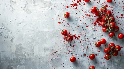 Cherry tomatoes with drops of blood on grey background, top view
