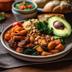 A plate of food with a variety of vegetables and meat. The plate is on a wooden table