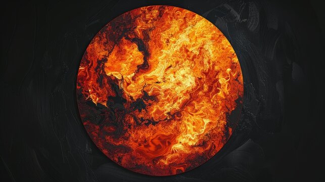 Abstract fiery Rorschach inkblot on circular sticker, evocative orange and black swirls
