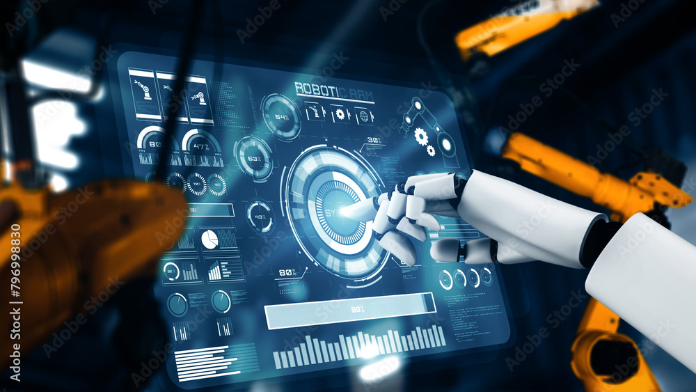 Aufkleber mlp 3d illustration cybernated industry robot and robotic arms for assembly in factory production. c