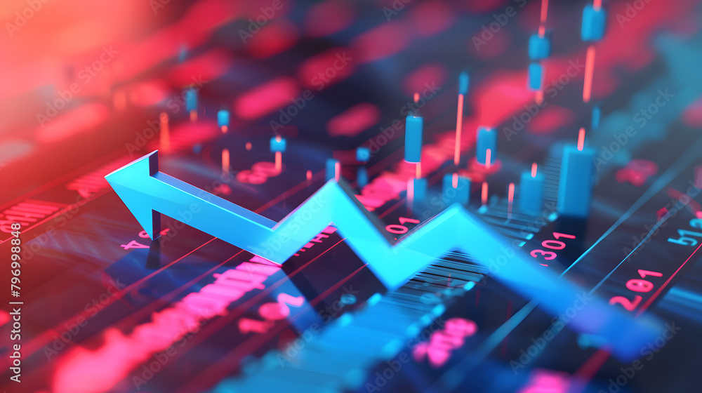 Poster a blue arrow rising on an upward trending histogram. with the background exhibiting various charts a