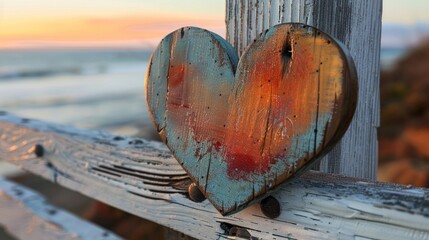 Fototapeta premium Rustic Wooden Heart Hanging on Fence Overlooking Sunset at Beach.